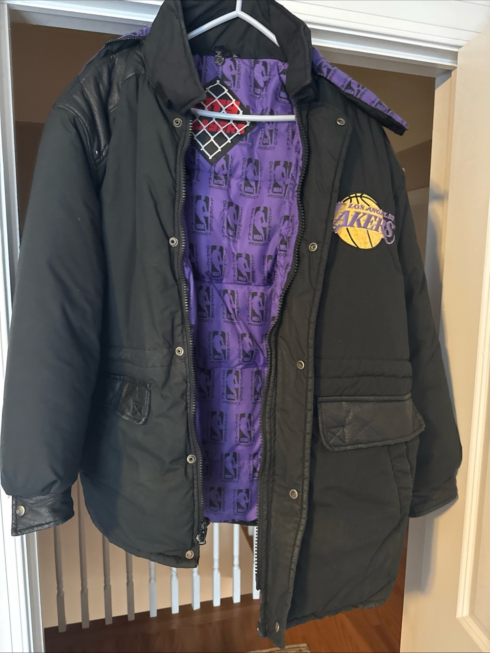 Men's Black Puffer Jacket with Purple Lining - Lakers Patch